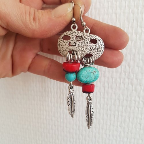 Boucles d'oreilles bohème fun corail et turquoise