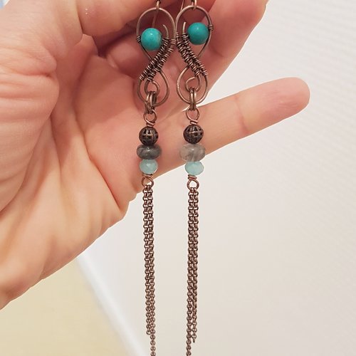 Labradorite et turquoise boucles d'oreilles, boucles d'oreilles boho longues
