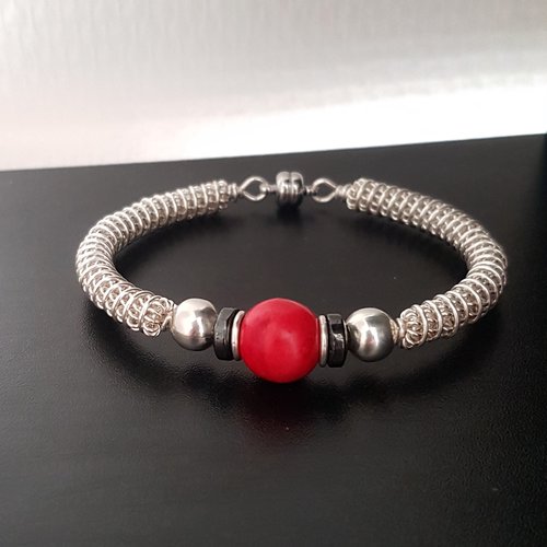 Bracelet "easy to wear" avec corail et hématite, bracelet plaqué argent rouge et noir