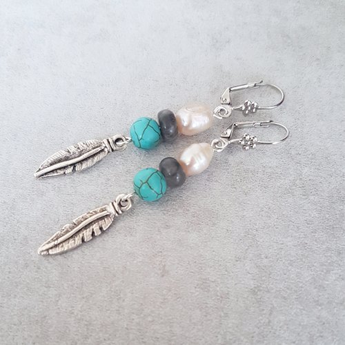 Boucles d'oreilles bohème perles d'eau douce, tuquoise, labradorite