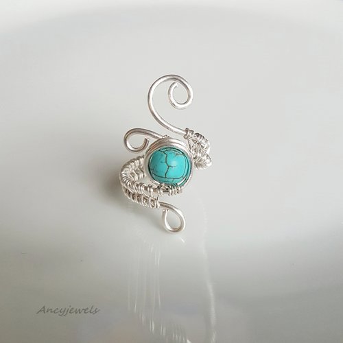 Bague plaqué argent et turquoise, bijoux fil enroulé, idée cadeau