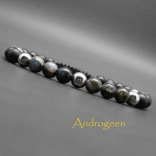 Bracelet homme, tressé, pierres gemmes, opale grise, onyx noir mat, hématite argentée ø 6 mm r247