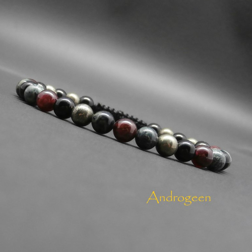 Bracelet homme, pierres gemmes, jaspe kambala, grenat, pyrite, onyx ø6 mm r453