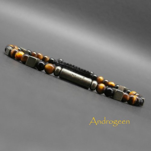 Bracelet fin homme, tressé, pierres gemmes, œil de tigre, onyx, tube et cubes en pyrite ø 4 mm r579