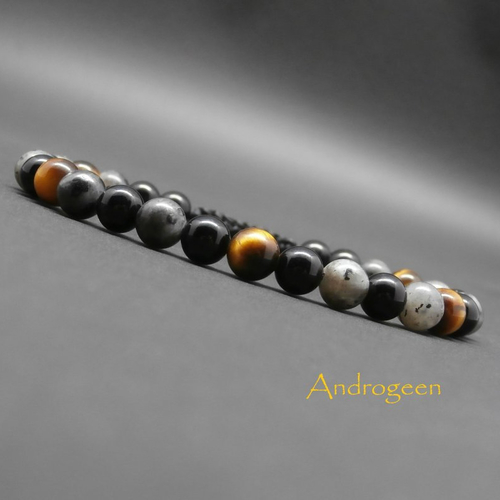 Bracelet homme, pierres gemmes, labradorite noire, onyx, œil de tigre ø 6 mm r371