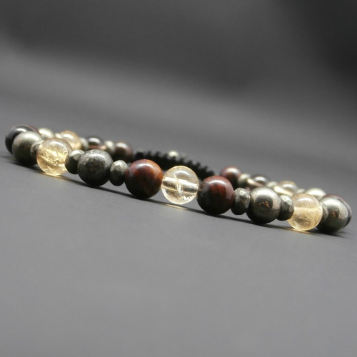 Bracelet homme, tressé, pierres gemmes, citrine, oeil de fer, quartz fumé, rondelles facettées et perles en pyrite ø 6 mm r802