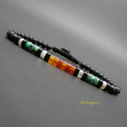 Bracelet homme, pierres gemmes, heishi de cornaline, nacre, onyx, turquoise africaine, onyx mat ø4 mm r851