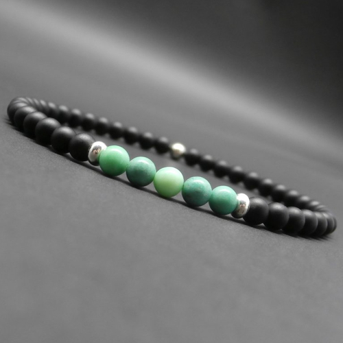 Bracelet fin homme, minimaliste, pierres gemmes, opale verte, onyx mat, perles en argent sterling ø 4 mm r942