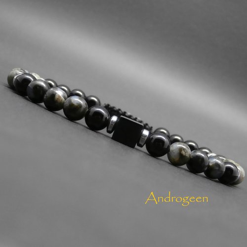 Bracelet homme, pierres gemmes, opale grise, onyx, rondelles en hématite argentée, cube en onyx, ajustable ø 6 mm r583