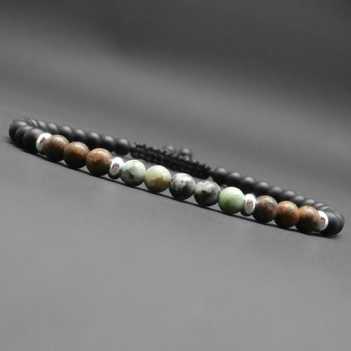 Bracelet fin homme tressé, turquoise africaine mate, pierres gemmes, bronzite mat, onyx noir mat, argent sterling ø 4 mm r959