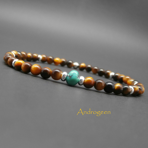 Bracelet fin homme, minimaliste, pierres gemmes, pépite en turquoise, oeil de tigre, perles en argent sterling ø4 mm r335