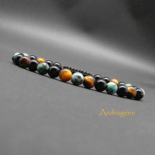 Bracelet homme, pierres naturelles, turquoise africaine, onyx, œil de tigre, ajustable ø6 mm r288
