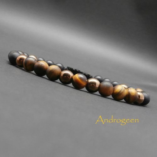 Bracelet homme, pierres gemmes, œil de tigre mat, hématite cuivrée, onyx noir mat, ajustable ø 6 mm r431