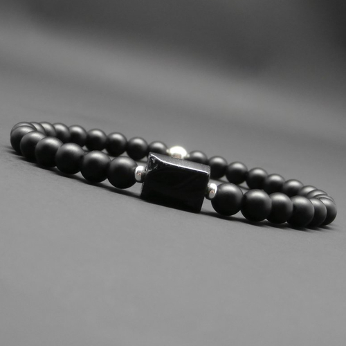 Bracelet homme stretch, tourmaline noire, onyx noir mat, perle et rondelles en argent sterling ø 6 mm r709