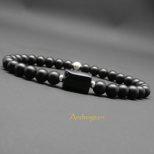 Bracelet homme, pierres gemmes, tourmaline noire, onyx noir mat, argent sterling ø6 mm r709