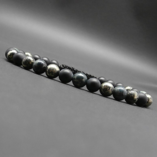 Bracelet homme tressé, pierres gemmes, jaspe kambala, pyrite noire, onyx noir mat ø 6 mm r454