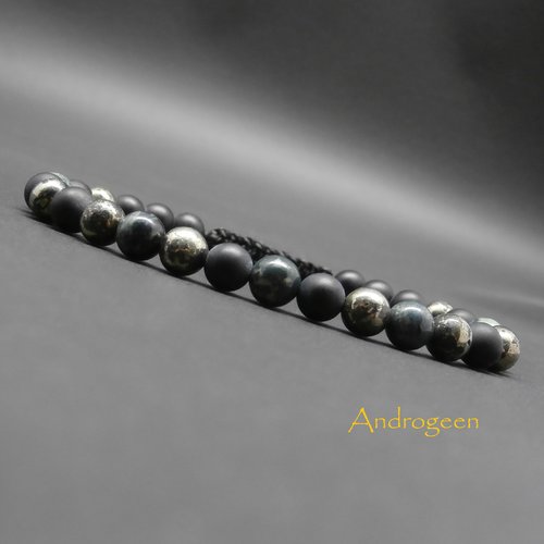 Bracelet homme, pierres gemmes, jaspe kambala, pyrite noire, onyx noir mat, ajustable ø6 mm r454