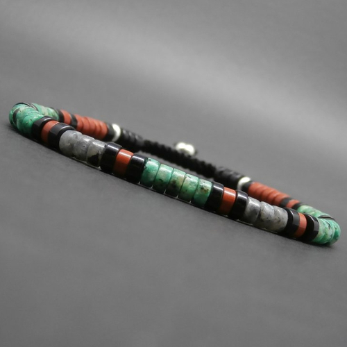 Bracelet pierres gemmes, heishi de turquoise africaine, larvikite, jaspe rouge, onyx, perles en argent sterling ø 4 mm r987