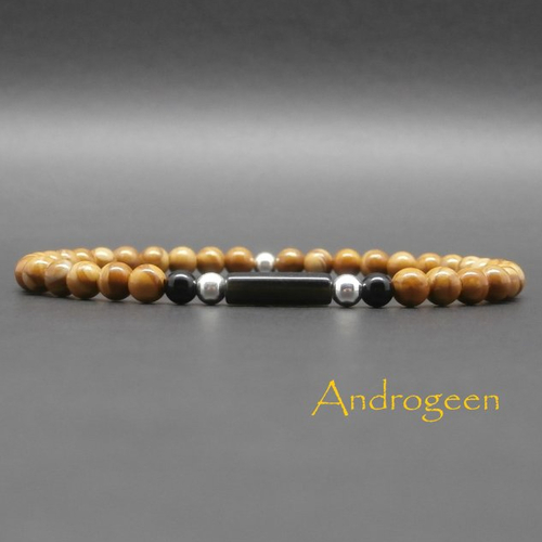 Bracelet homme, pierres gemmes, onyx, jaspe bois, tube en agate noire, perles en argent sterling ø4 mm r835