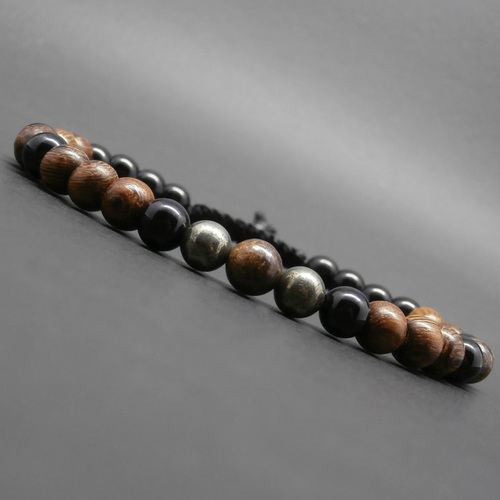 Bracelet homme tressé, pierres gemmes, bronzite, pyrite, onyx, perles en bois robles ø 6 mm r284