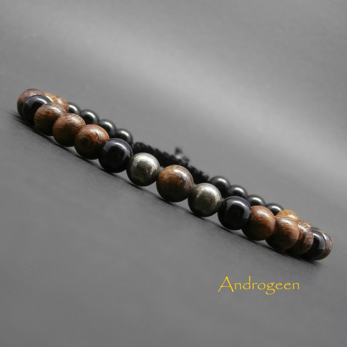 Bracelet homme, pierres gemmes, bronzite, pyrite, onyx, perles en bois robles ø6 mm r284
