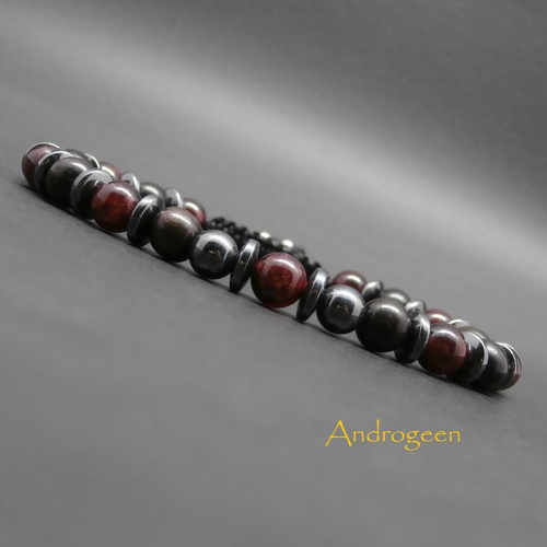 Bracelet homme, pierres gemmes, grenat, hématite, perles en bois d’ébène, ajustable ø6 mm r570