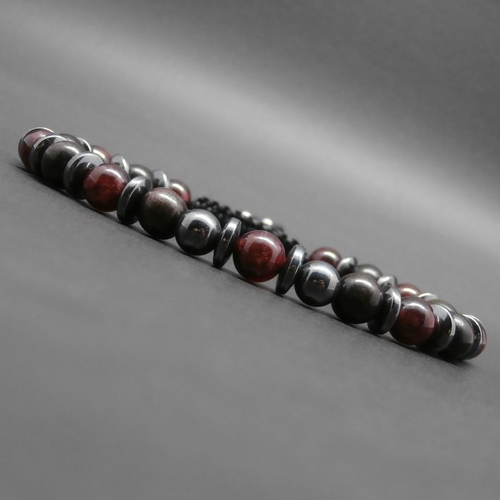 Bracelet homme tressé, pierres gemmes, grenat, hématite, perles en bois d’ébène ø 6 mm r570