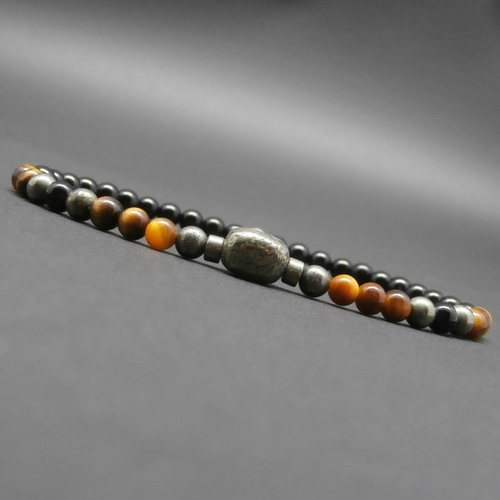 Bracelet fin homme, minimaliste, pierres gemmes, nugget en pyrite, oeil de tigre, onyx, perle en argent ø 4 mm r833