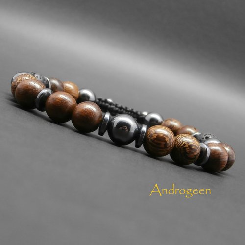 Bracelet homme, ajustable, pierres gemmes, pierre de lave, hématite, perles en bois robles ø8 mm r516
