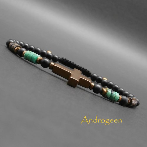 Bracelet homme, pierres gemmes, croix en hématite cuivrée, heishi de turquoise africaine, bronzite, onyx mat ø4 mm r475