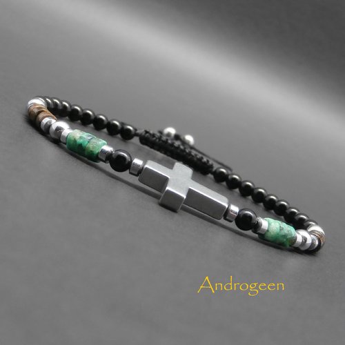 Bracelet homme, pierres gemmes, croix en hématite argentée, heishi turquoise africaine, bronzite onyx ø4 mm r476