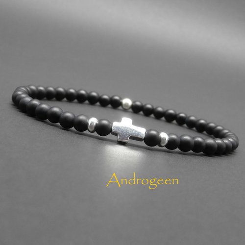 Bracelet fin homme, stretch, minimaliste, croix et perles en argent sterling, pierres gemmes, onyx noir mat ø 4 mm r919
