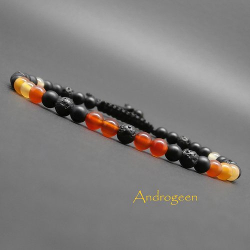 Bracelet fin homme, pierres gemmes, cornaline naturelle, onyx noir mat, pierre de lave ø4 mm r379
