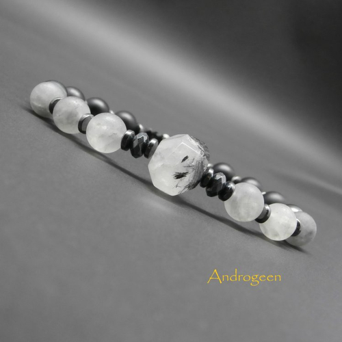 Bracelet homme, pierres gemmes, nugget de quartz tourmaline, quartz dépoli, hématite, onyx mat ø8 mm r785