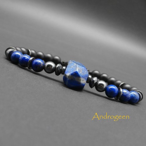 Bracelet homme, pierres gemmes, lapis lazuli naturel, onyx noir mat, perles et rondelles en hématite ø6 mm r784