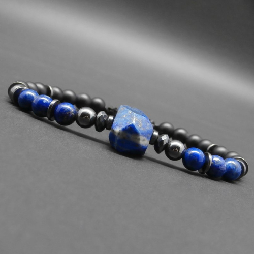 Bracelet homme tressé, nugget en lapis lazuli naturel, pierres gemmes, onyx mat, hématite ø 6 mm r784