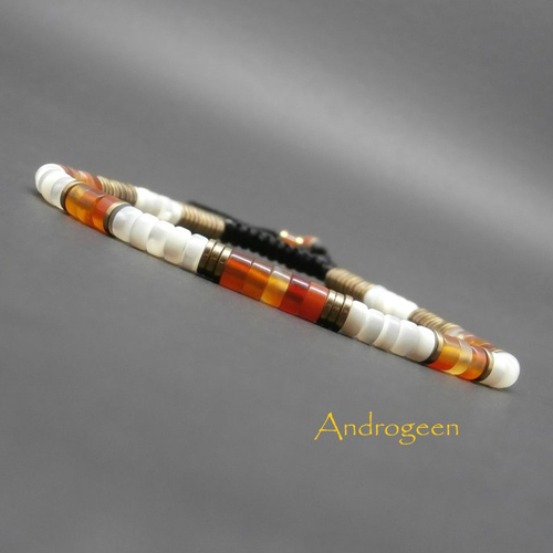 Bracelet heishi, pierres gemmes, nacre, cornaline naturelle, rondelles en hématite dorée, ajustable ø4 mm r403