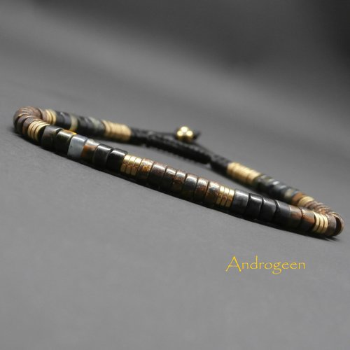 Bracelet heishi, pierres gemmes, opale verte, bronzite, onyx, rondelles en hématite dorée ø4 mm r434