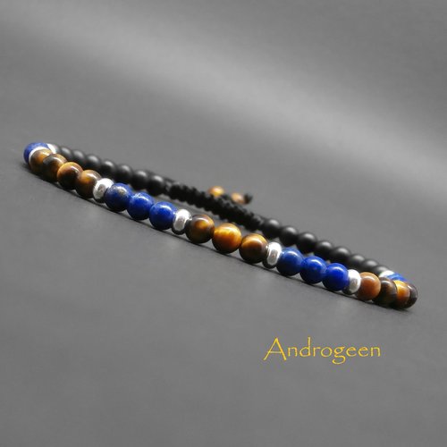 Bracelet homme, pierres gemmes, oeil de tigre, lapis lazuli naturel, onyx mat, rondelles en argent sterling ø4 mm r292