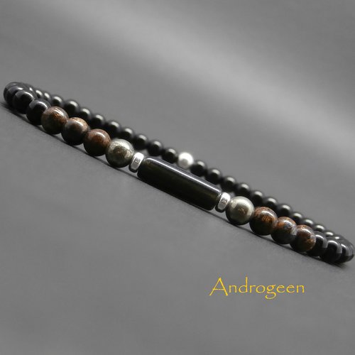 Bracelet homme, minimaliste, pierres gemmes, tube en agate noire, bronzite, pyrite, onyx, perles en argent ø4 mm r790