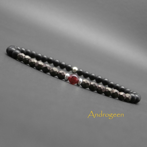Bracelet fin homme, minimaliste, pierres gemmes, hématite bronze facettée, grenat, onyx mat, perles en argent sterling ø4 mm r818