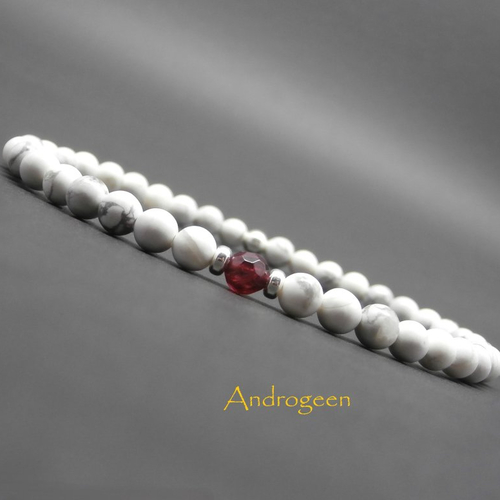 Bracelet minimaliste, pierres gemmes, howlite blanche, grenat facetté et perles en argent ø 4 mm r809