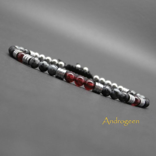 Bracelet fin homme, bracelet heishi en hématite argentée, pierres gemmes, grenat, obsidienne flocon de neige, onyx mat ø4 mm r567