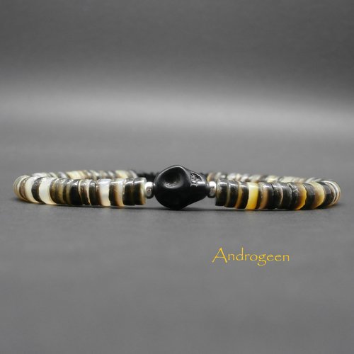 Bracelet homme, heishi de coquillage, tête de mort en howlite noire, rondelles en argent  sterling ø4/5 mm r523