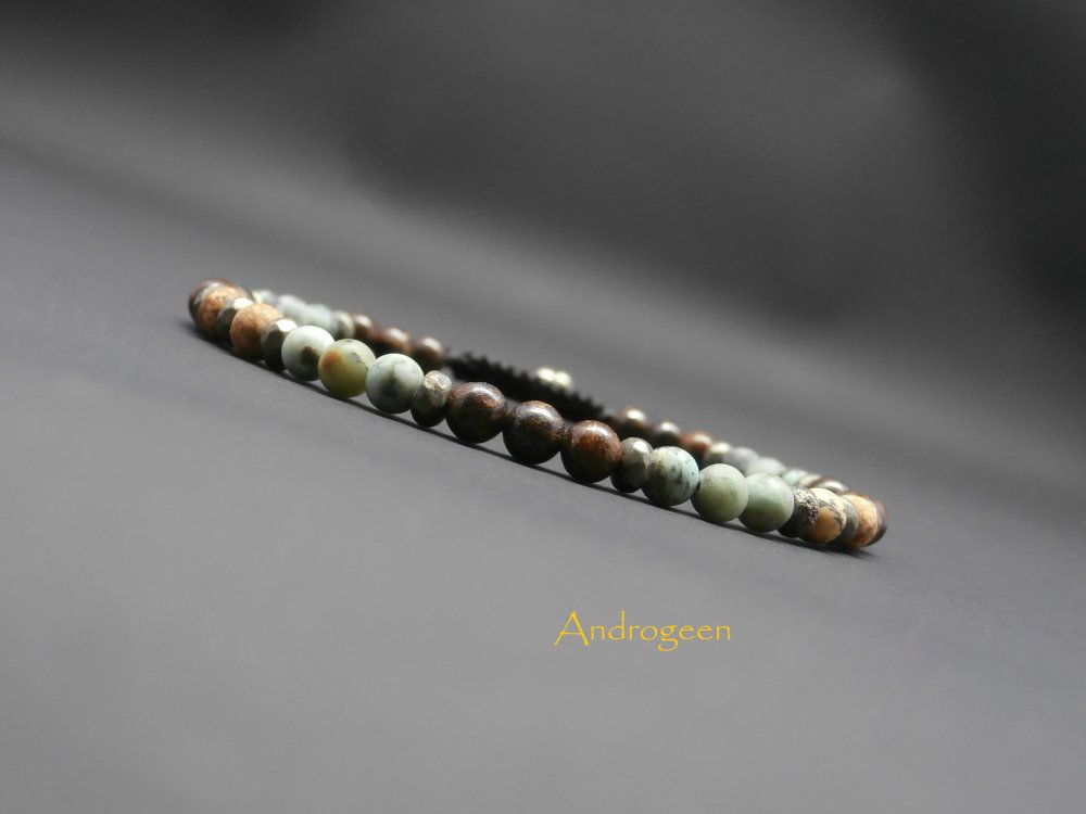 Bracelet Homme Fin En Pierres Naturelles - Bronzite, Turquoise Africaine, Jaspe, Pyrite - Taille Ajustable 18-19cm