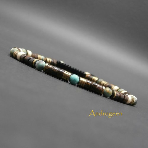 Bracelet fin homme, pierres gemmes, turquoise africaine mate, heishi de bronzite, howlite ivoire, hématite dorée ø4 mm r322
