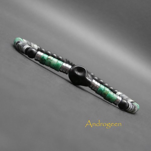 Bracelet fin homme, tête de mort en howlite noire, heishi de turquoise africaine, larvikite, hématite argentée, onyx mat ø4 mm r315