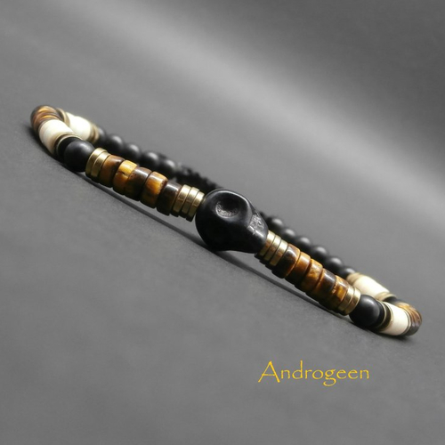 Bracelet homme, pierres gemmes, heishi en œil de tigre, howlite, hématite dorée, onyx mat, tête de mort en howlite noire ø4 mm r316