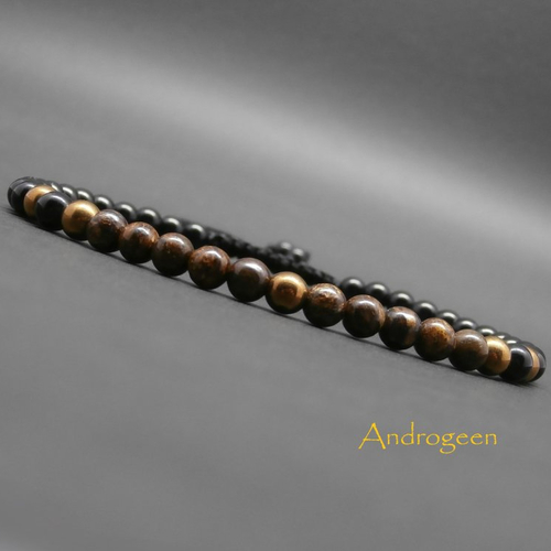 Bracelet homme, ajustable, pierres gemmes, onyx, bronzite, hématite cuivrée ø4 mm r80