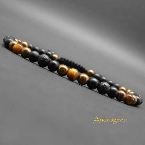 Bracelet fin homme, pierres gemmes, œil de tigre, pierre de lave, hématite cuivrée, onyx noir mat ø4 mm r144